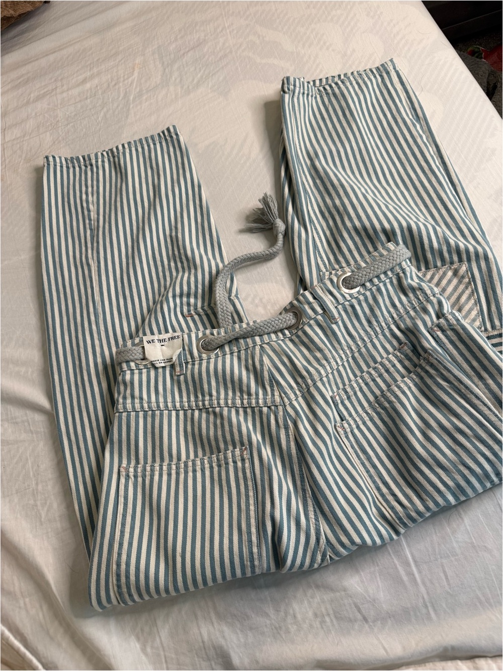 Striped Drawstring Utility Pants in Light Blue & White - Picture 4 of 4